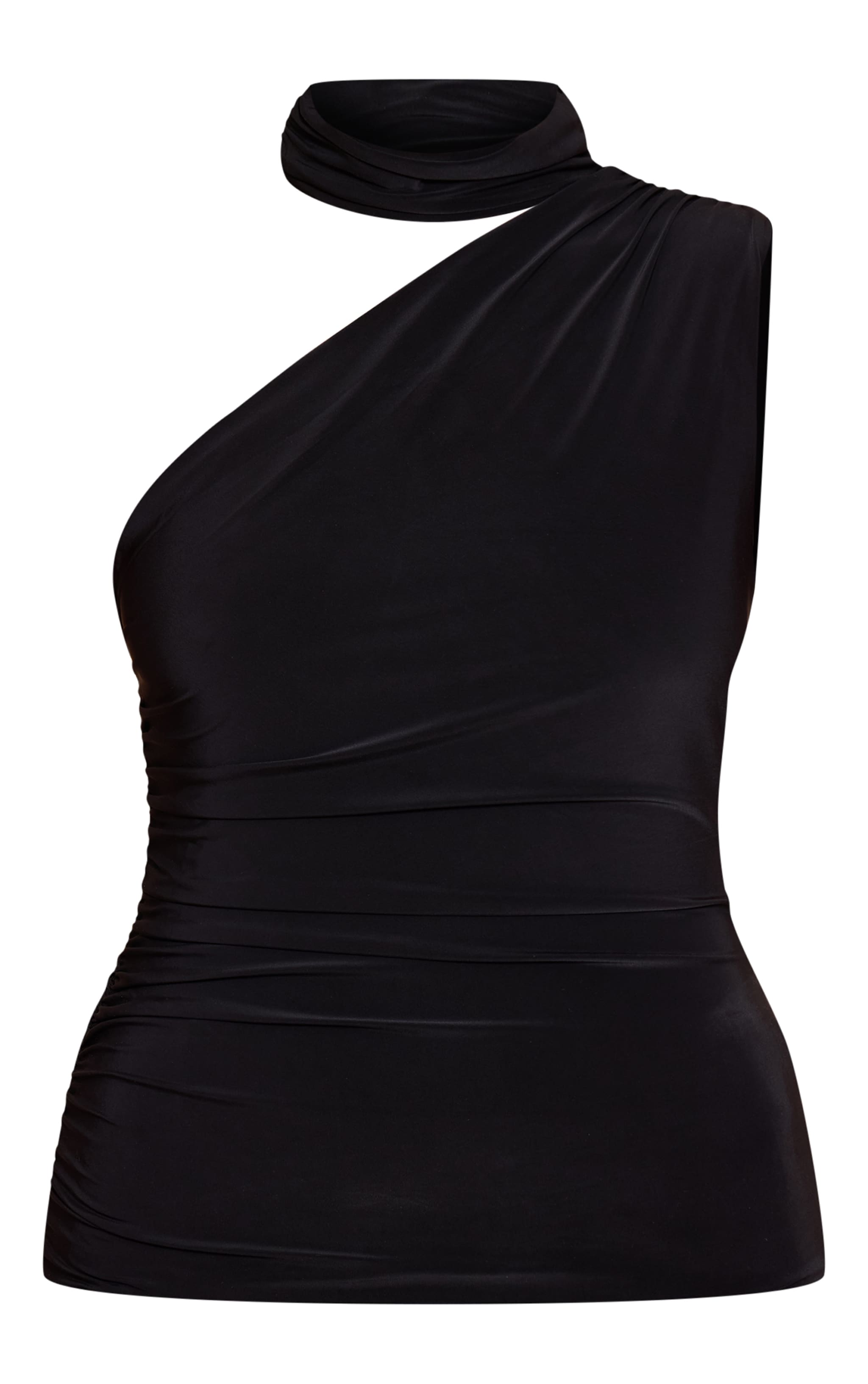 Black Double Layer Neck Detail Ruched Detail Long Top image 5