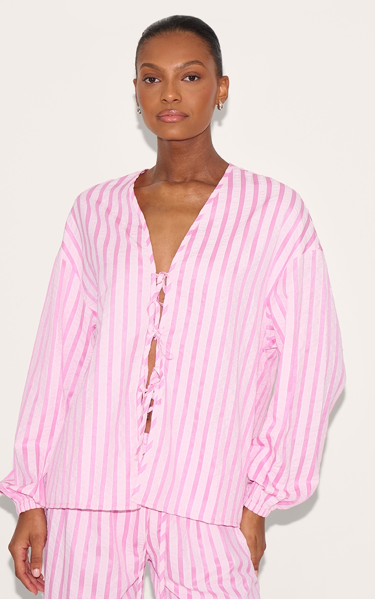 Pink Striped Textured Tie Front Shirt image 1