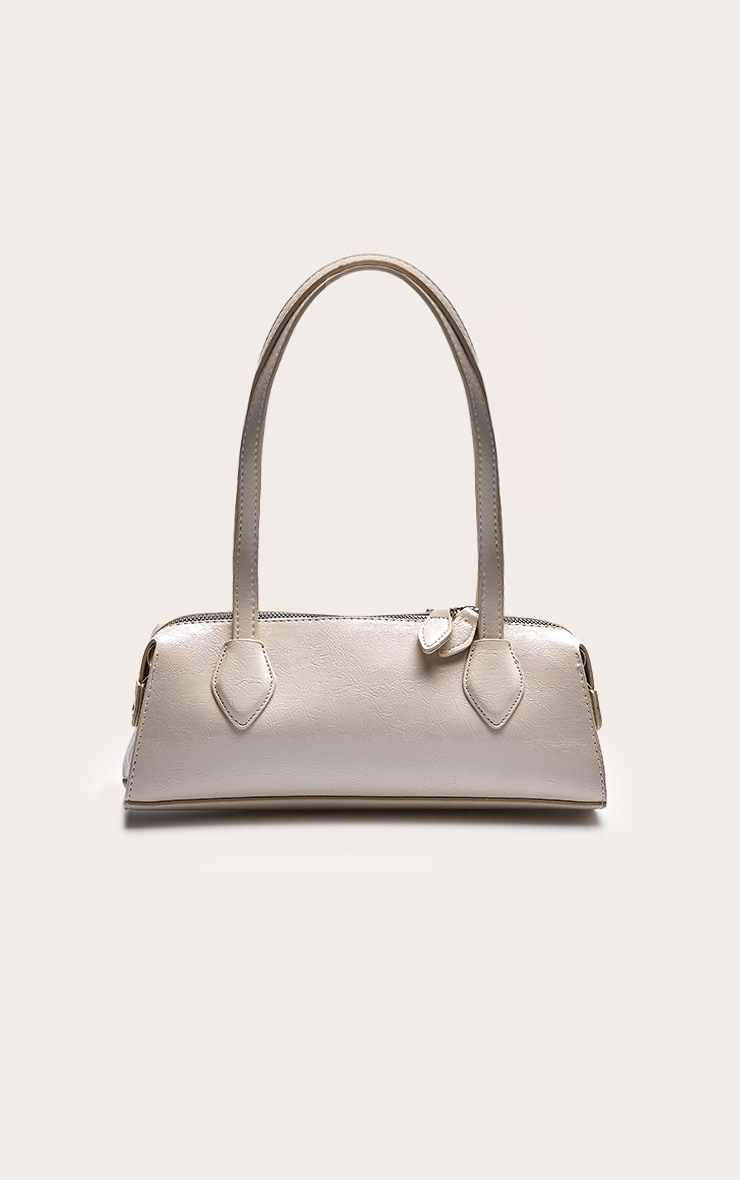 White Textured Faux Leather Bowler Bag image 2