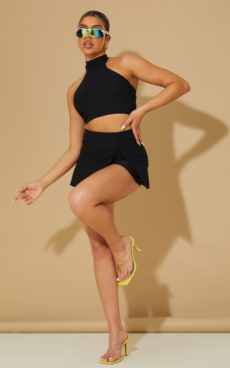 Black Stretch Woven Halterneck Open Back Crop Top image 3