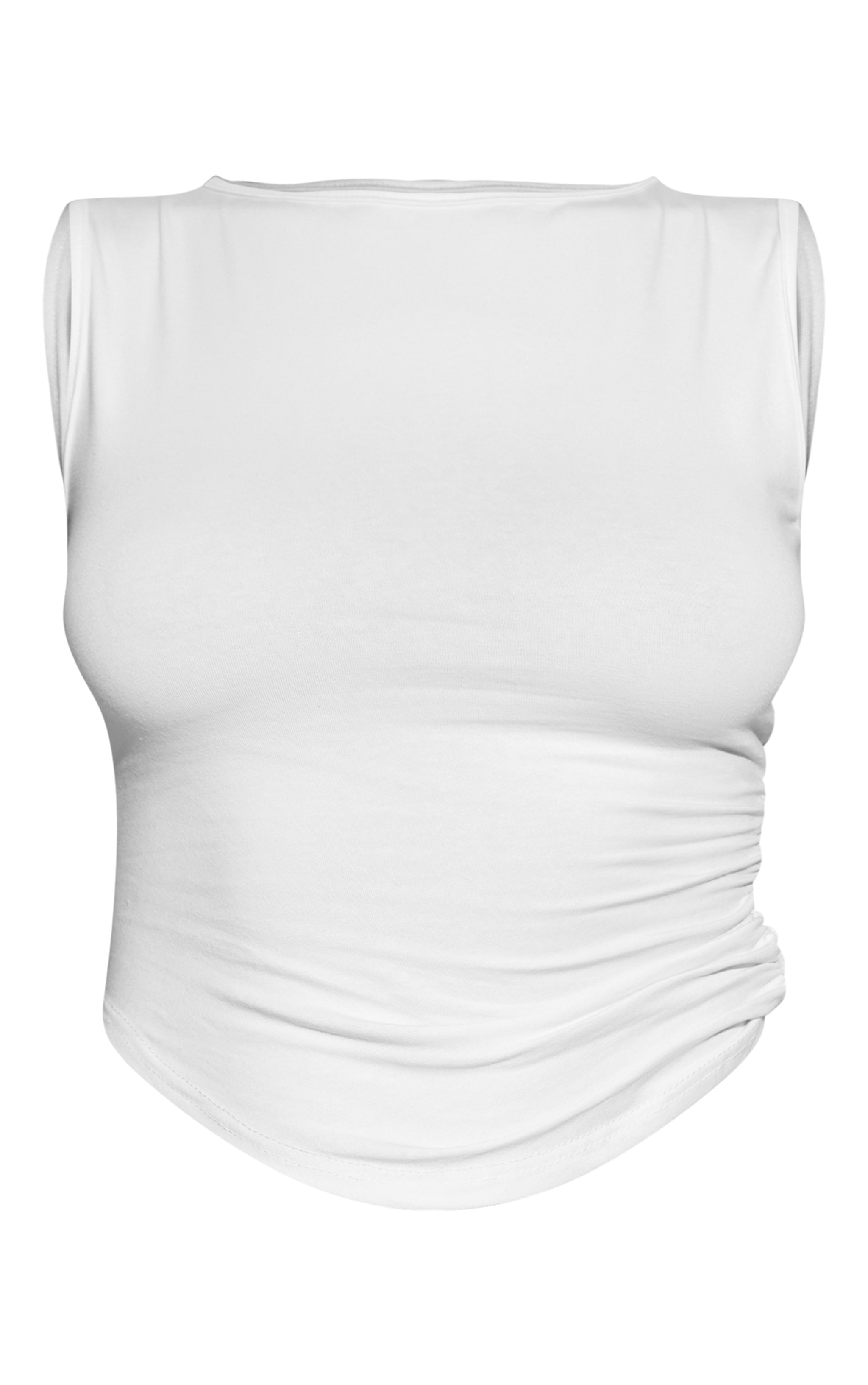 White Ruched Side Cotton Boatneck Long Top image 5
