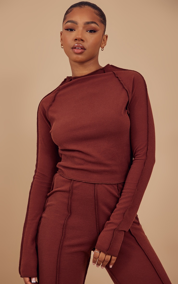 Mocha Brown Rib Exposed Seam Panel Detail Long Sleeved Crop Top