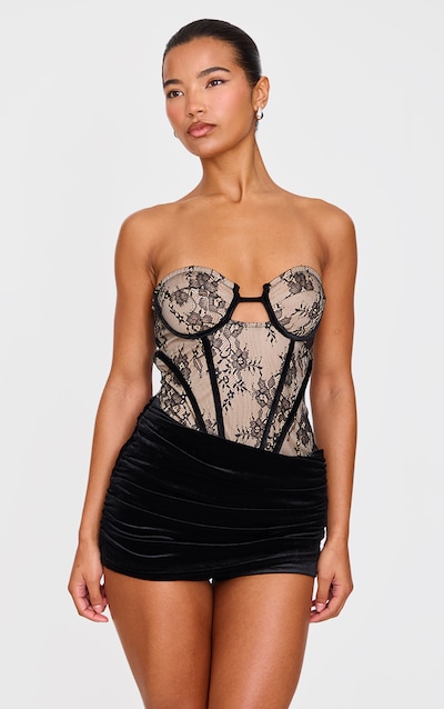 Black Contrast Lace Velvet Wrap Detail Skort Playsuit