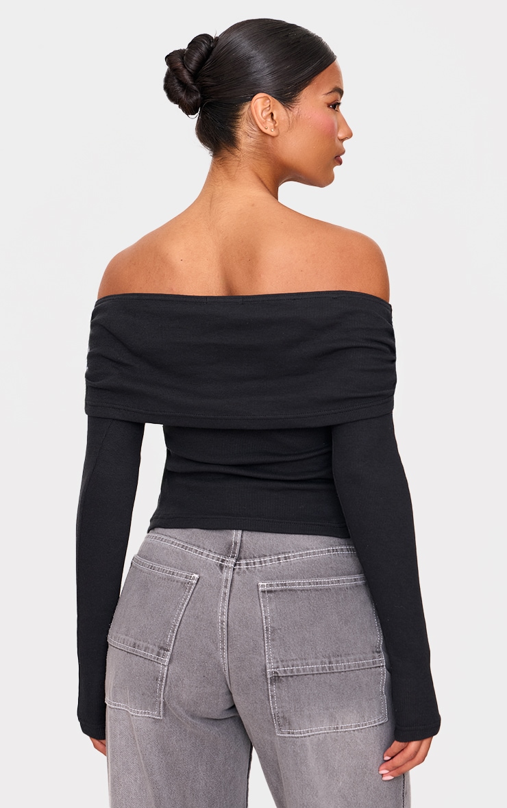 Black Fold Over Bardot Dipped Hem Long Top image 2