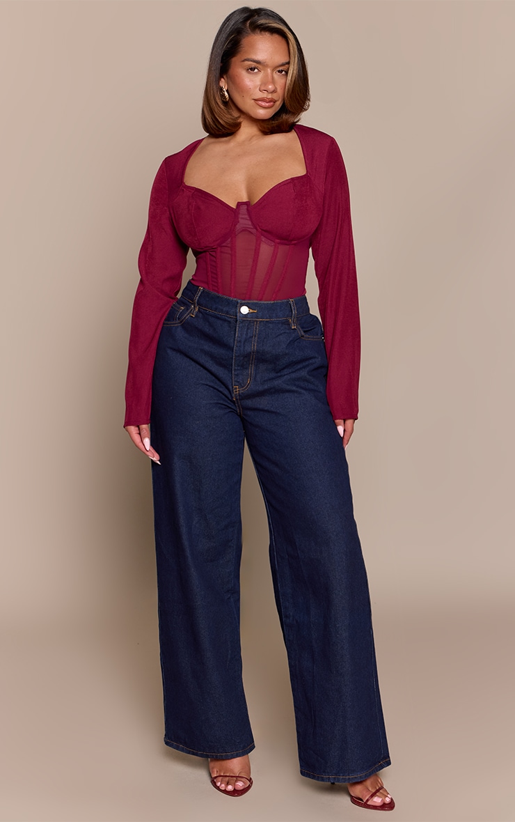Shape burgundy Mesh Long Sleeve Corset Bodysuit image 3