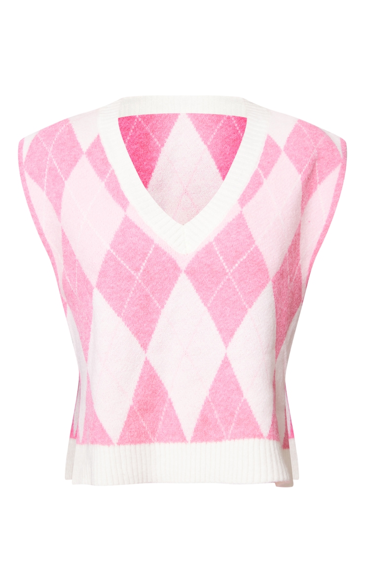 Pull sans manches rose tendre en maille tricot brossée à imprimé carreaux argyle image 5