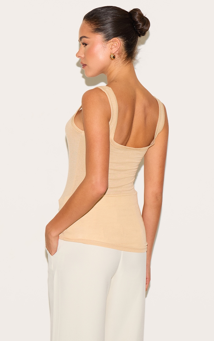 Beige Sheer Soft Touch Scoop Neck Long Vest Top image 2