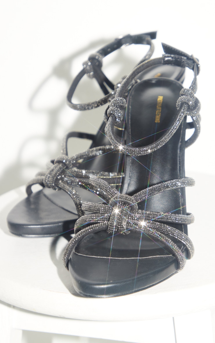 Black Point Toe Diamante Knot Strappy High Heeled Sandals image 2