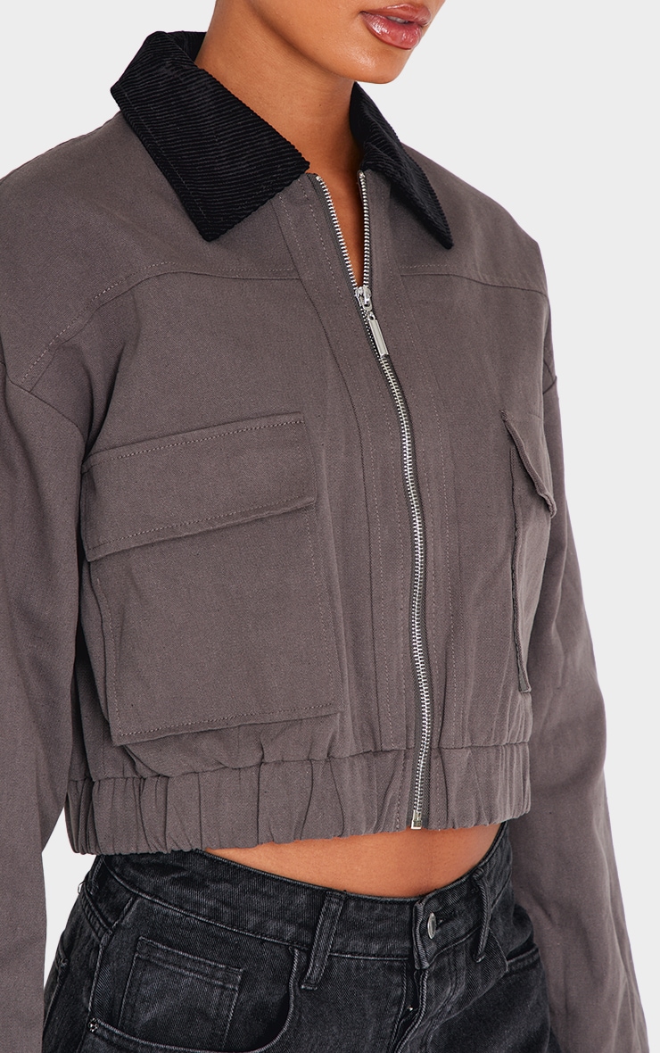 Dark Grey Contrast Collar Twill Jacket image 4