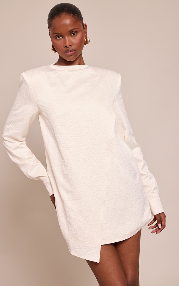 Cream Textured Long Sleeve Mini Smock Dress