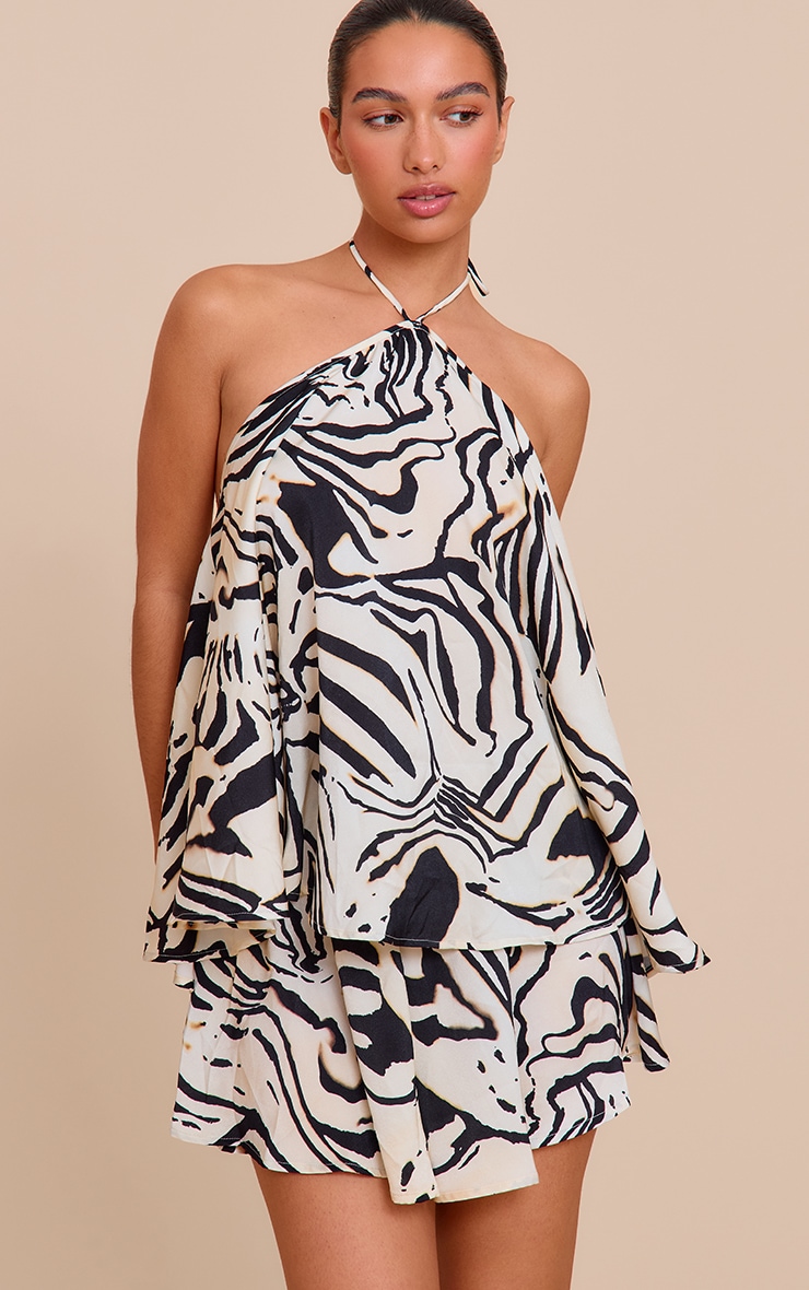 Cream Zebra Print Satin Floaty Shorts image 1