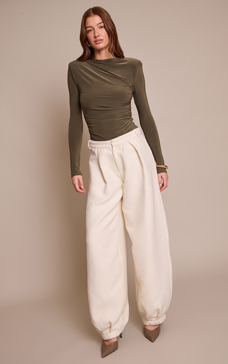 Khaki Double Layer Slinky Ruched Drape Detail Long Sleeve Bodysuit image 3