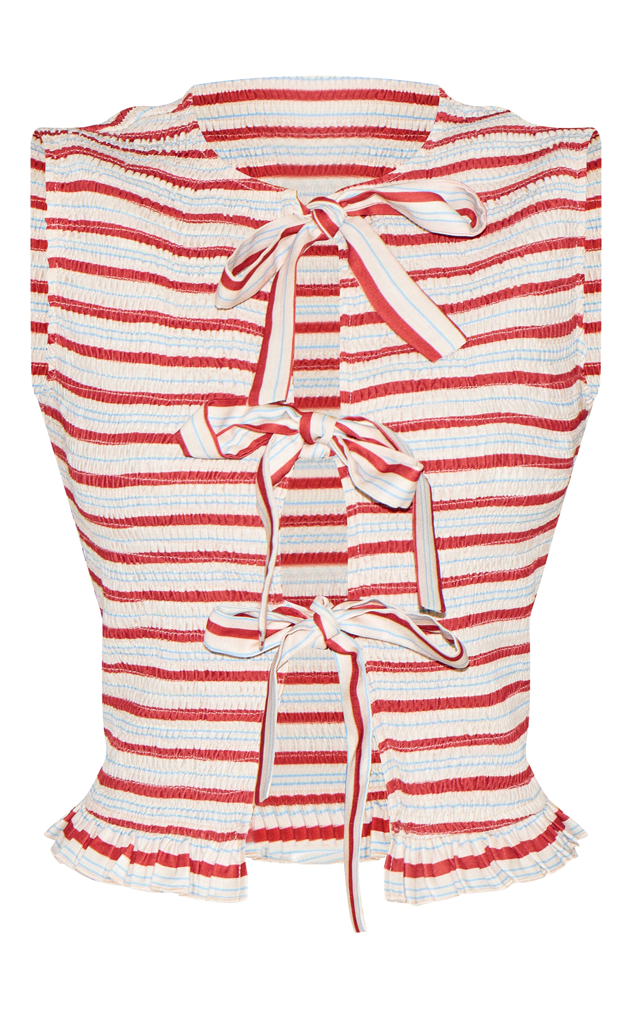 Tomato Red Stripe Tie Front Extreme Shirred Top image 5