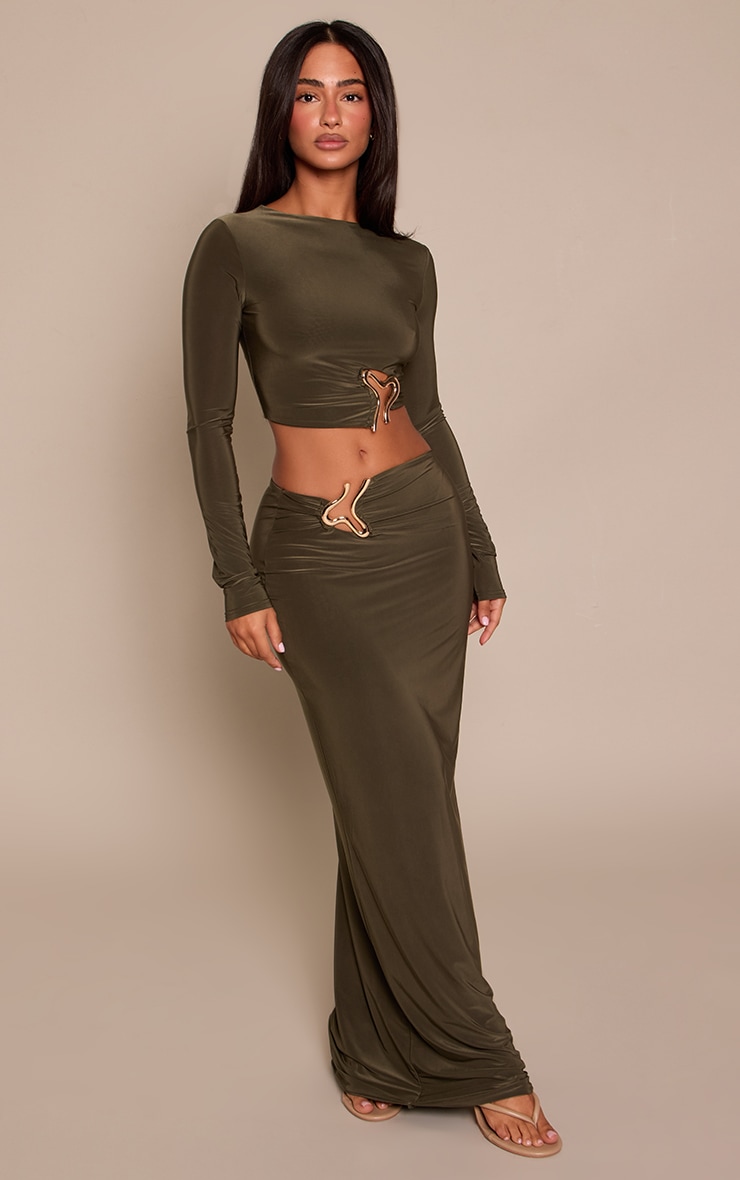 Petite Dark Olive Trim Detail Slinky Maxi Skirt