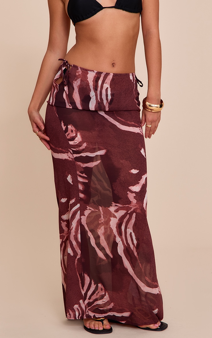 Brown Abstract Print Sheer Low Rise Maxi Skirt image 2
