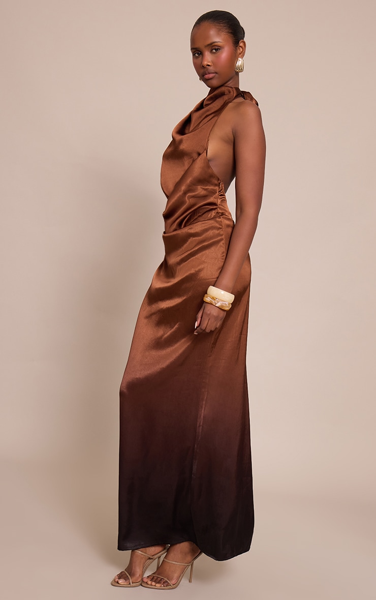 Bronze Satin Ombre Print Cowl Neck Maxi Dress image 3