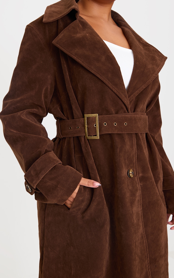 Plus Chocolate Faux Suede Belted Trench Coat image 4