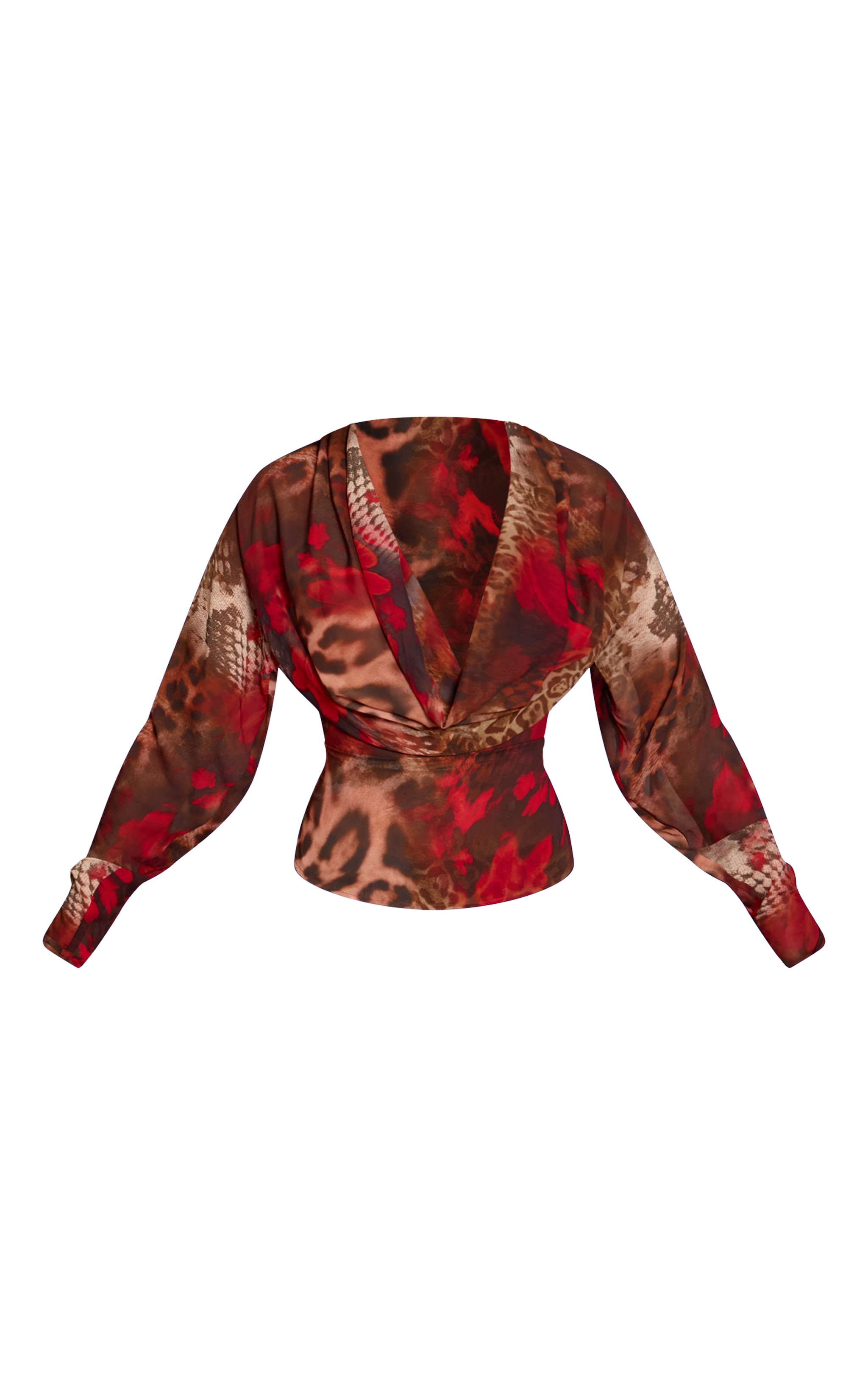 Red Printed Chiffon Cowl Neck Long Sleeve Blouse image 5
