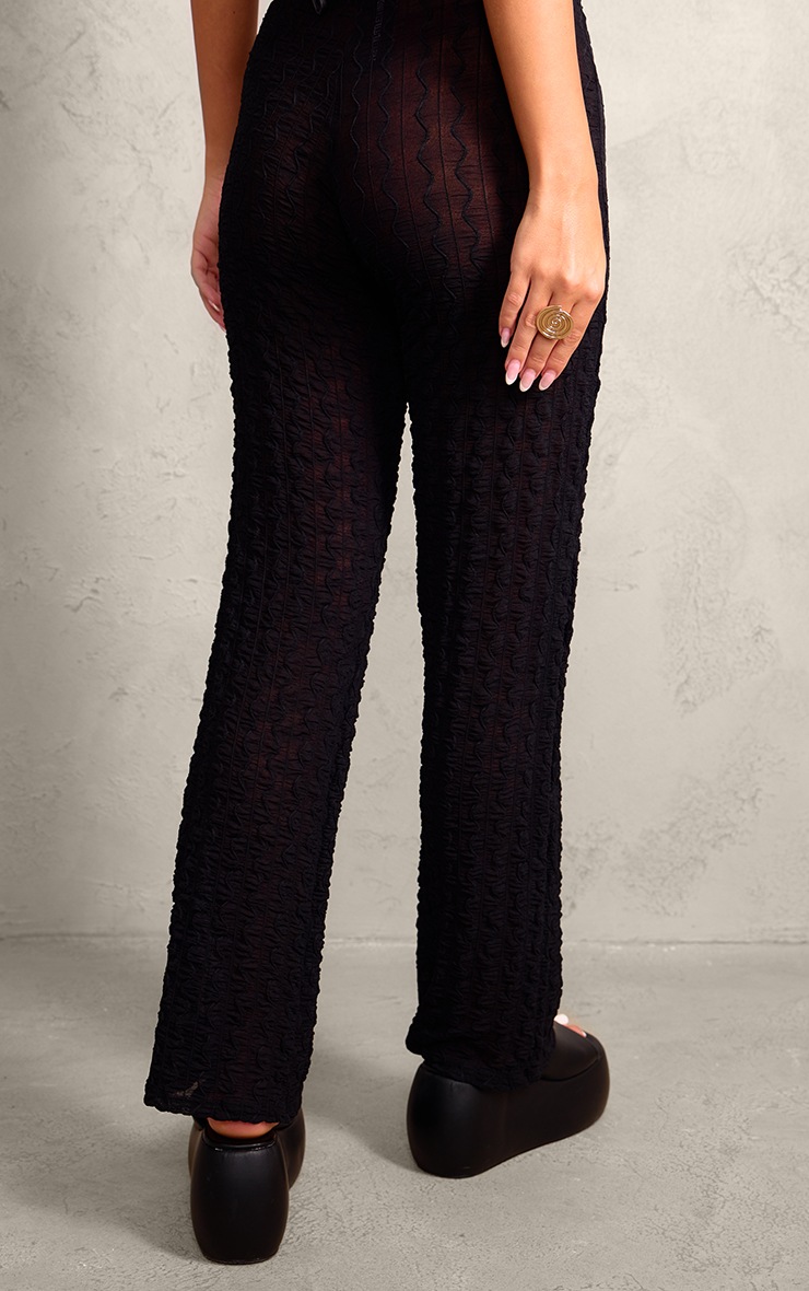 Black Sheer Textured Jersey Straight Leg Trousers image 3