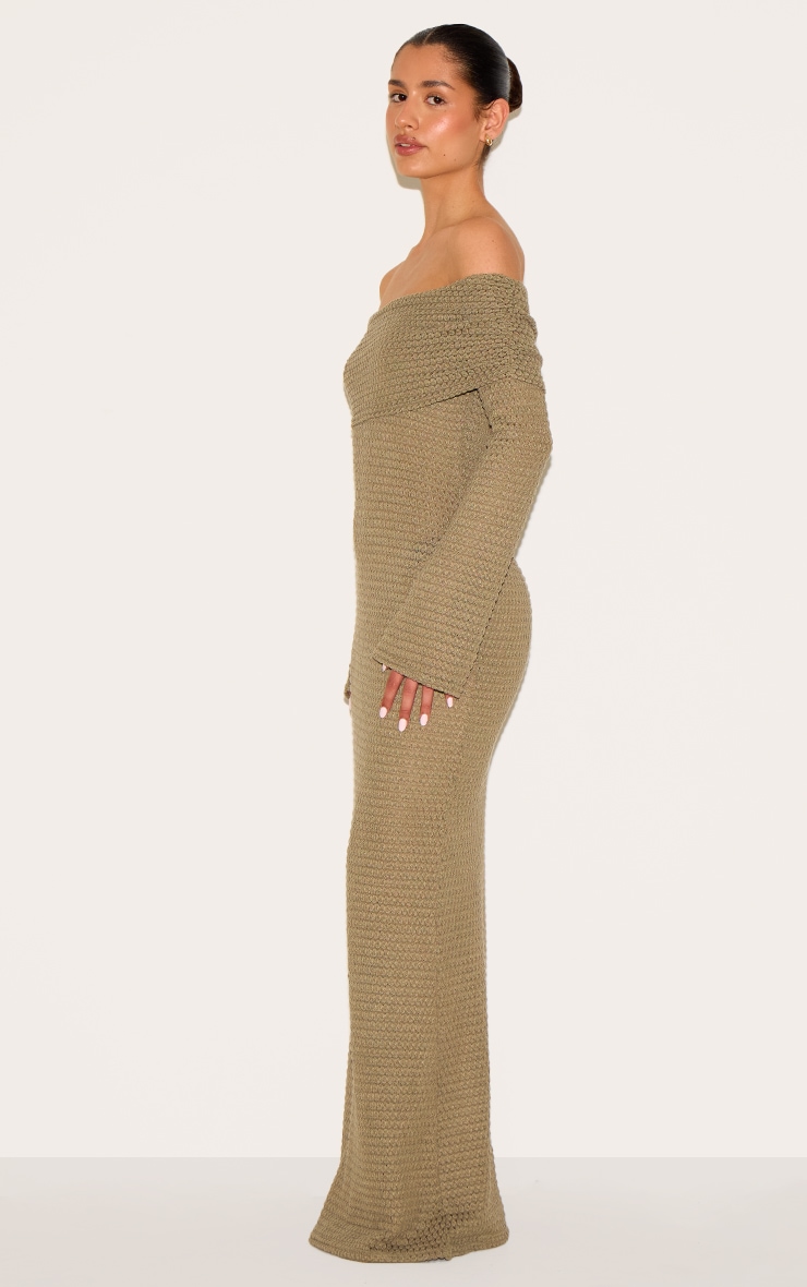 Tall Khaki Textured Extreme Bardot Long Sleeve Maxi Dress image 3