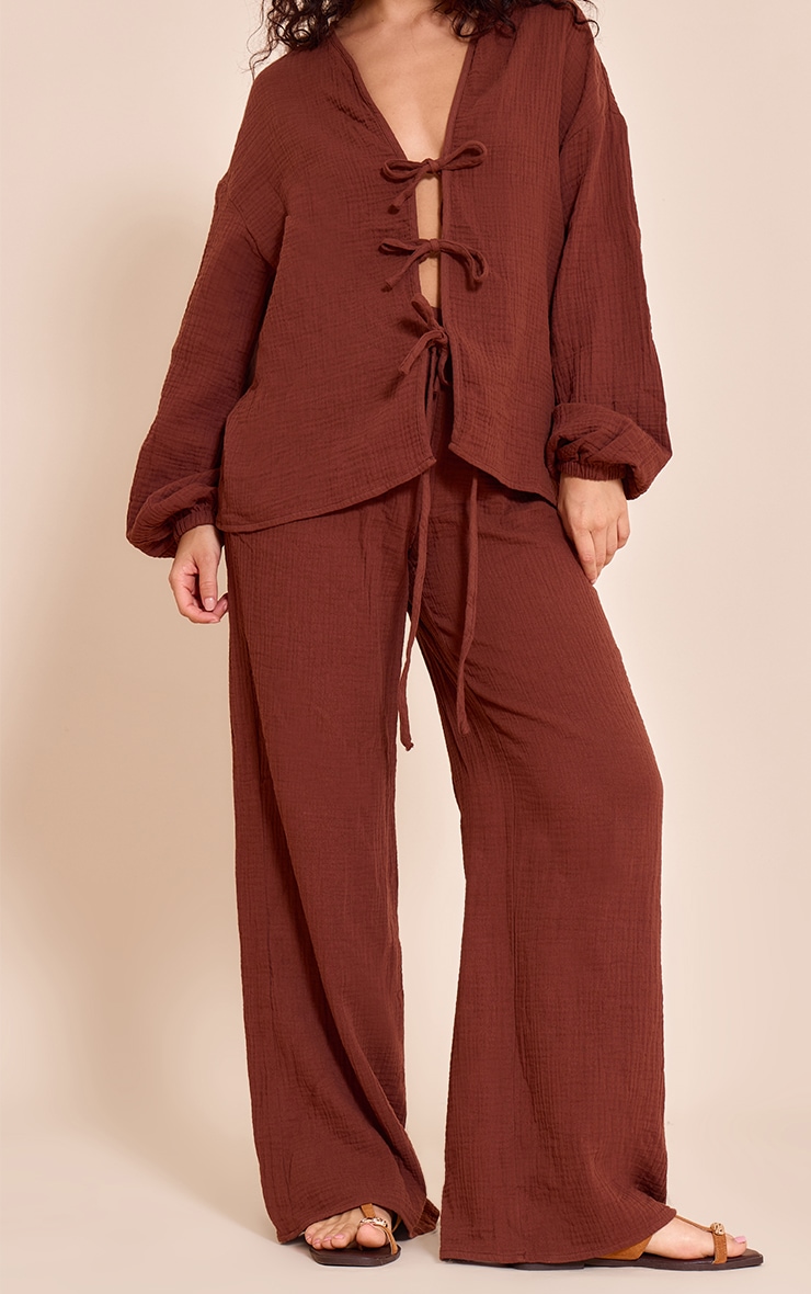 Dark Brown Cheesecloth Textured Wide Leg Pant image 2