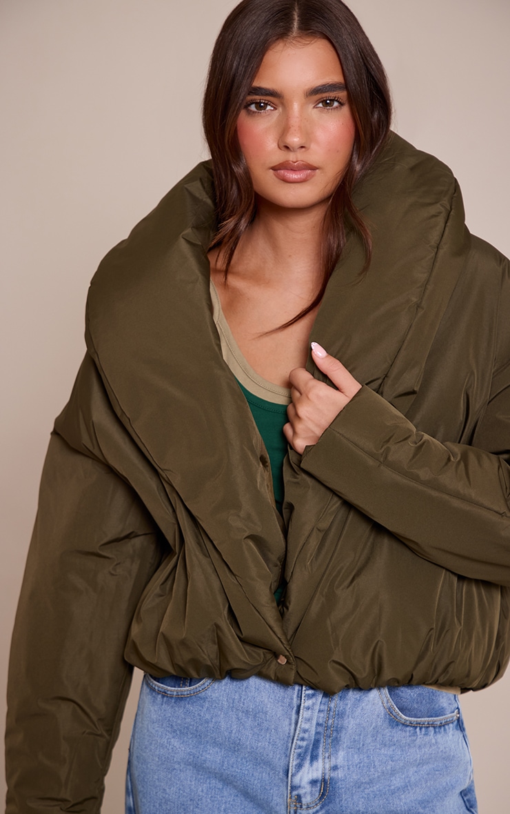 Khaki Exaggerated Collar Shell Puffer Jacket