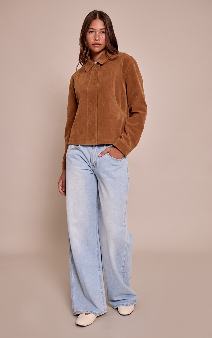 Tan Faux Suede Concealed Placket Bomber Jacket image 4