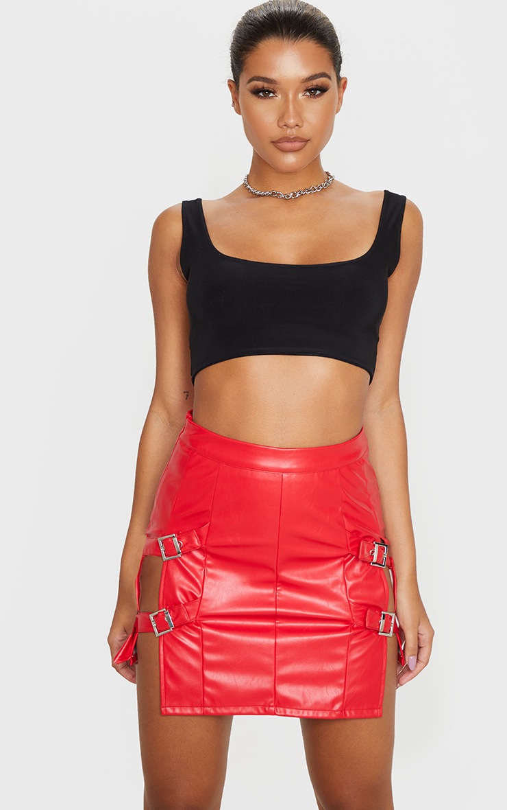 Red Faux Leather Double Buckle Detail Mini Skirt