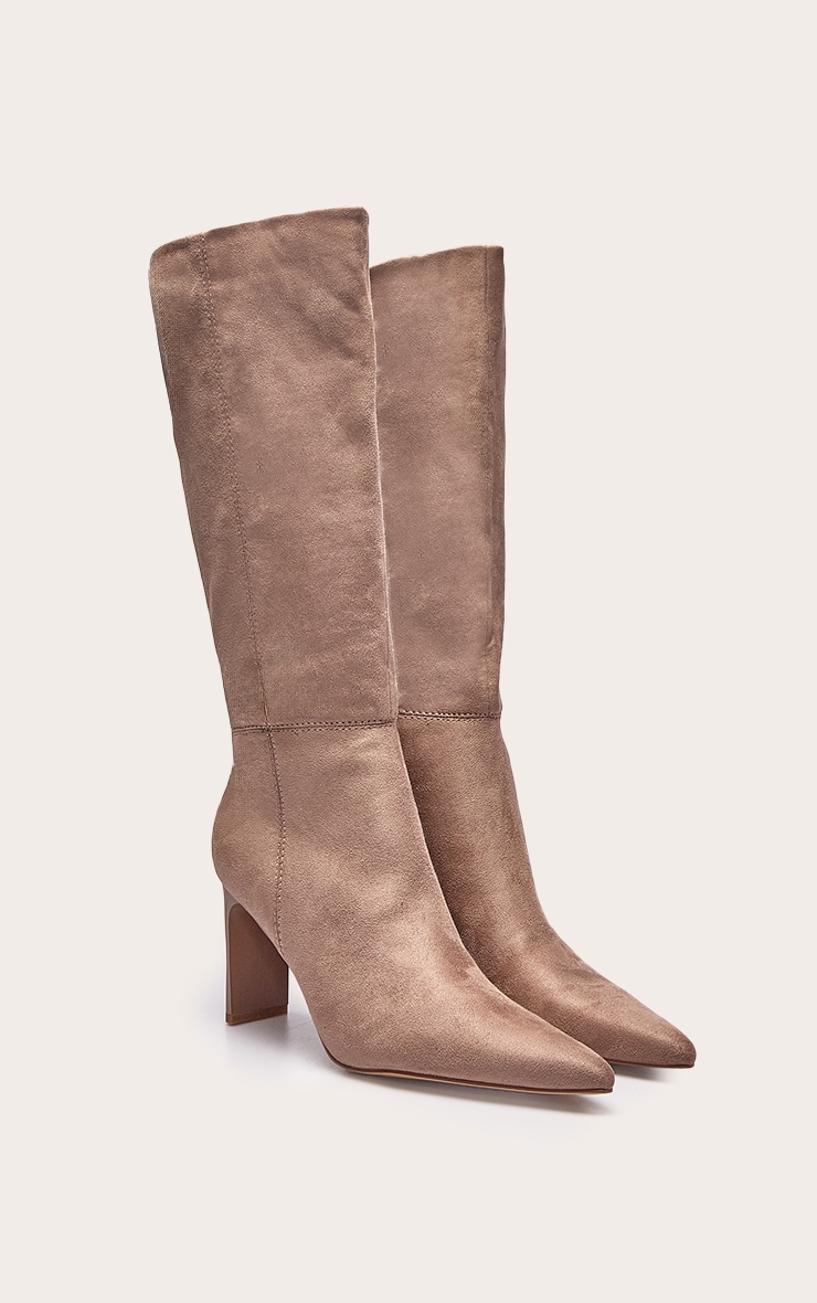 Mushroom Faux Suede Point Toe Thin Block High Heel Knee High Boots image 3