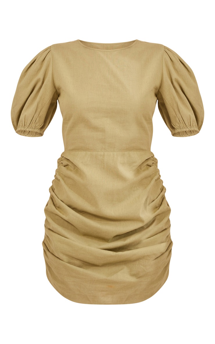 Khaki Linen Scoop Neck Ruched Skirt Bodycon Dress PrettyLittleThing