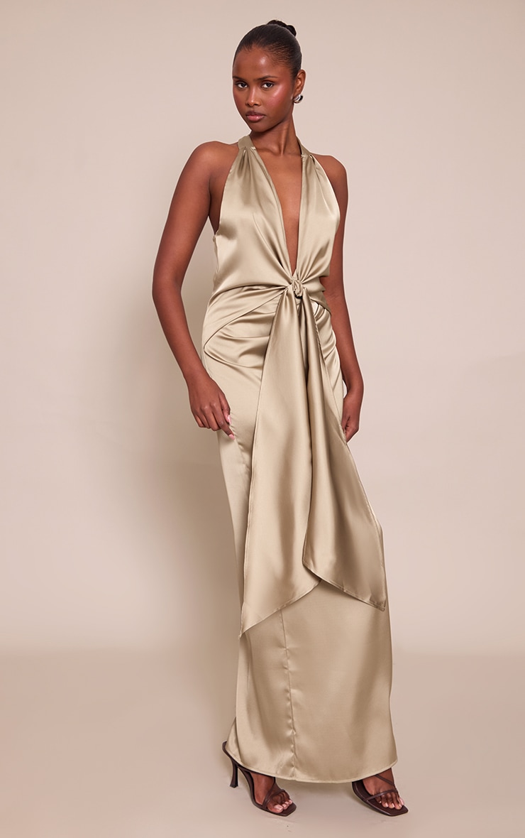 Robe droite satinée vert olive à découpe goutte d'eau image 3