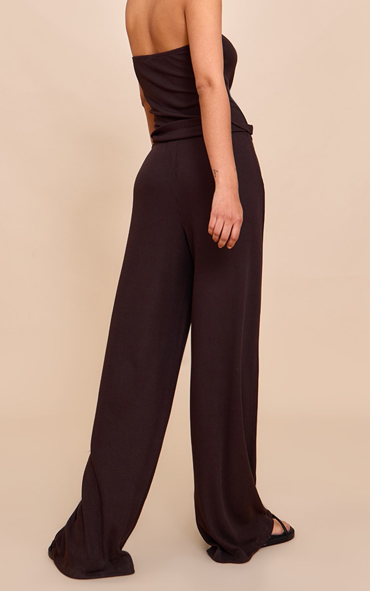 Chocolate Textured Drawstring Slouchy Wide Leg Pants image 3