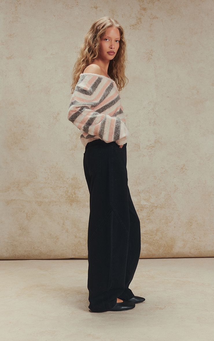 Pink Striped Brushed V Neck Covered Button Knitted Cardigan image 5