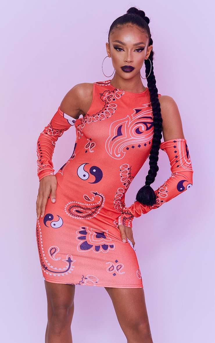 Red Bandana Print Cold Shoulder Bodycon Dress