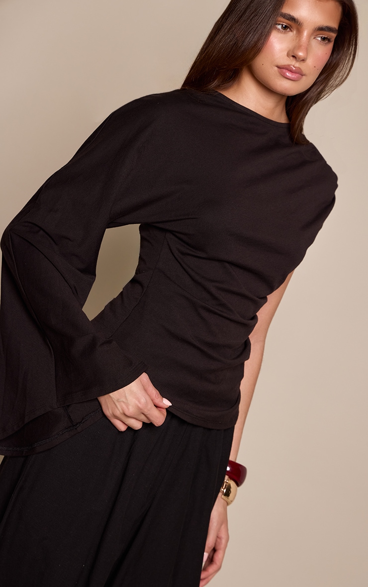 Black Cotton One Sleeve Detail T-Shirt  image 4
