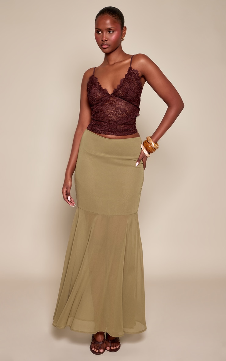 Dark Olive Chiffon Fishtail Maxi Skirt