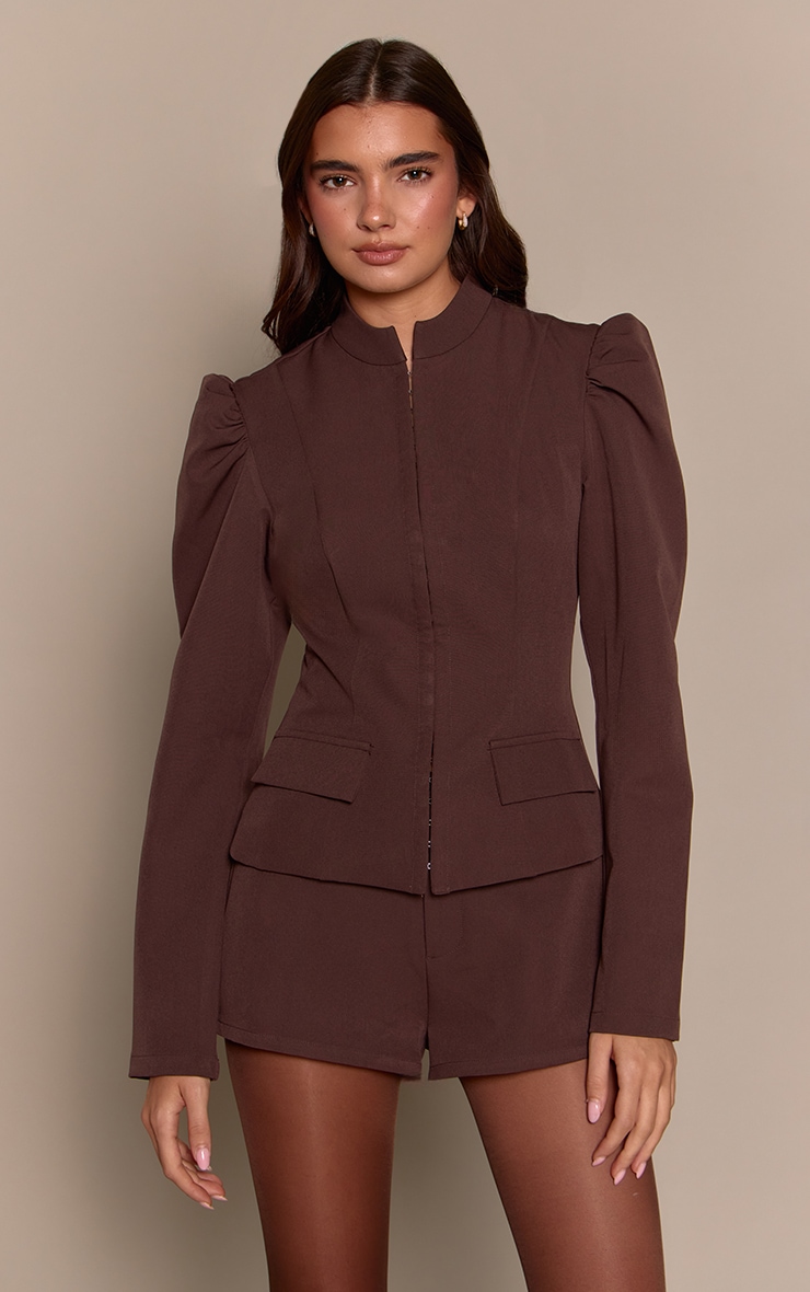 Chocolate Puff Sleeve Hook and Eye Top