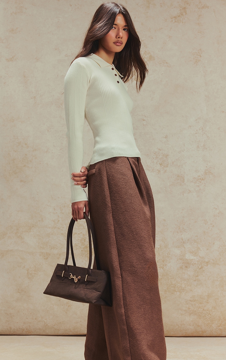 Top polo en maille tricot côtelée crème à manches longues image 4