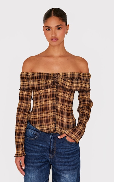 Brown Plisse Chiffon Check Bardot Blouse