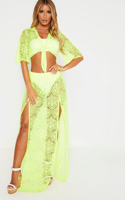 Neon Yellow Lace Split Maxi Beach Skirt