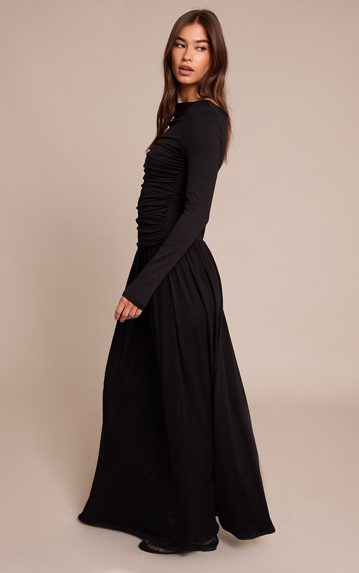 Black Soft Touch Jersey Ruched Long Sleeve Maxi Dress image 3