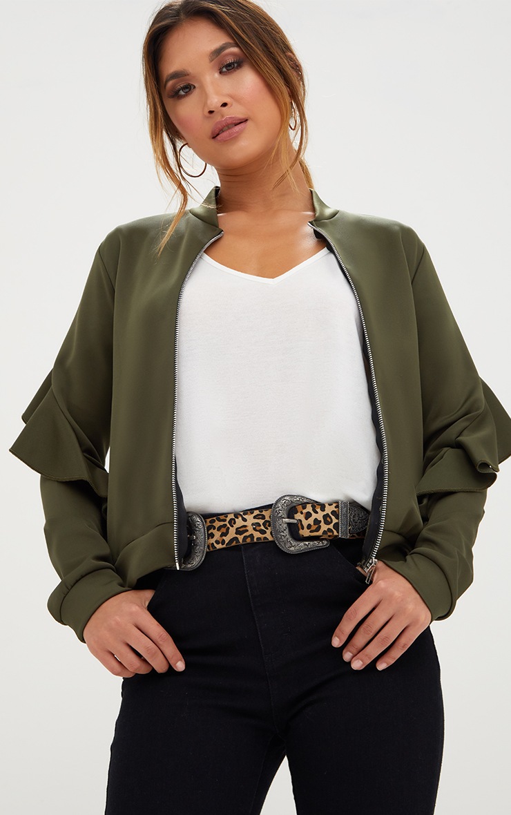 Khaki Frill Sleeve Scuba Bomber Jacket. Coats & Jackets PrettyLittleThing
