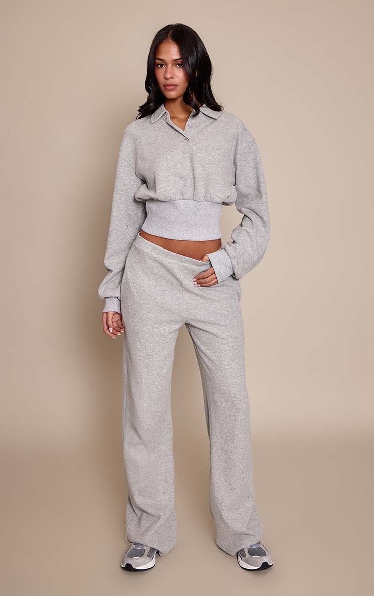 Tall Grey Marl Brushed Rib Cinched Waist Balloon Sleeve Polo Top image 3