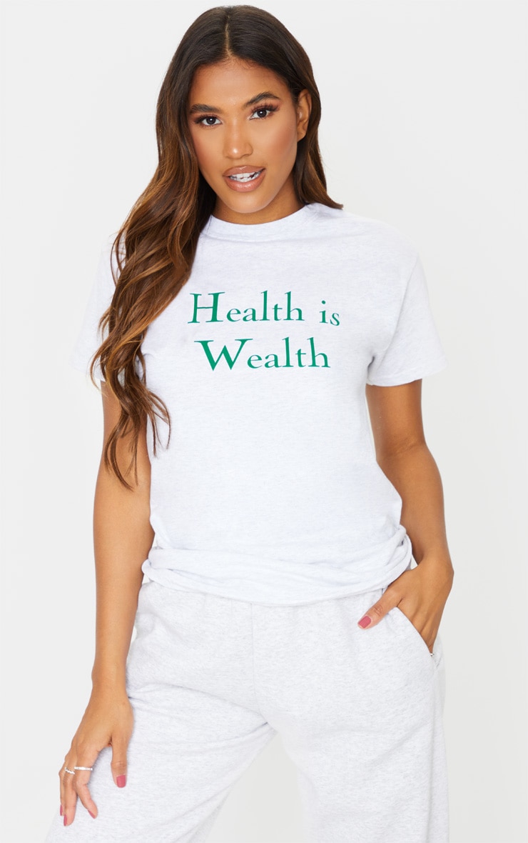 Grey Marl Health Is Wealth Printed T Shirt