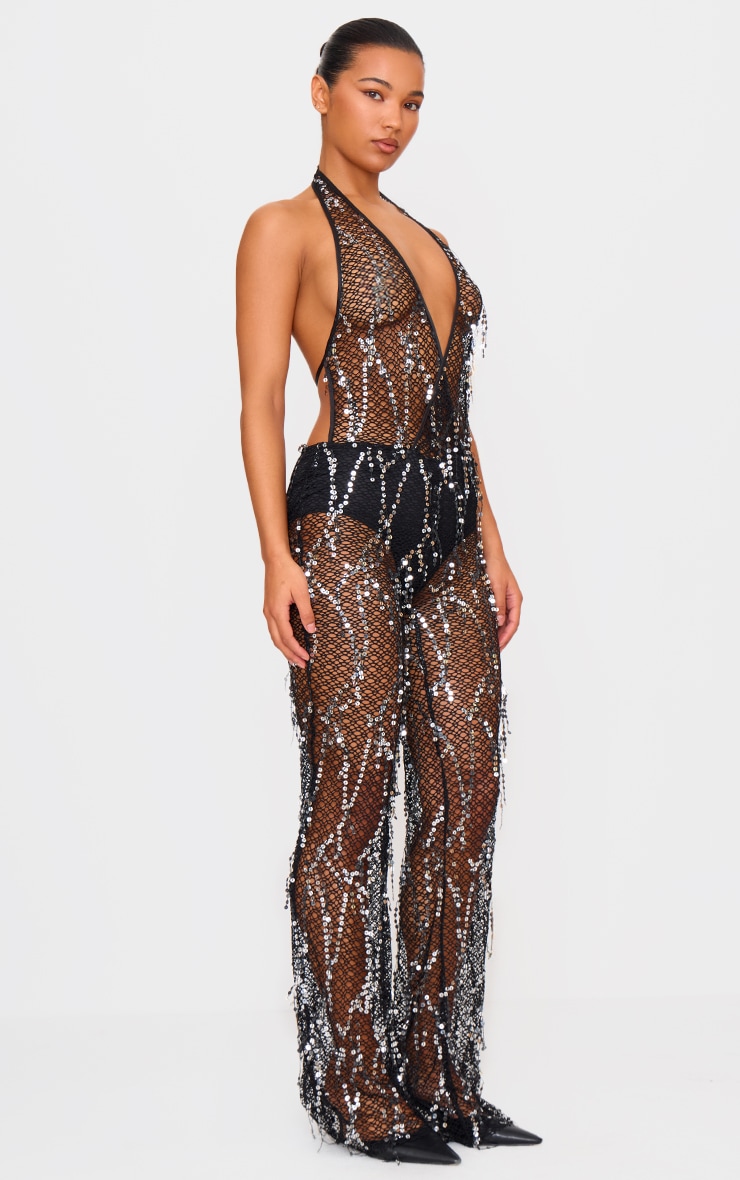 Black Sequin Fishnet Halterneck Jumpsuit image 3