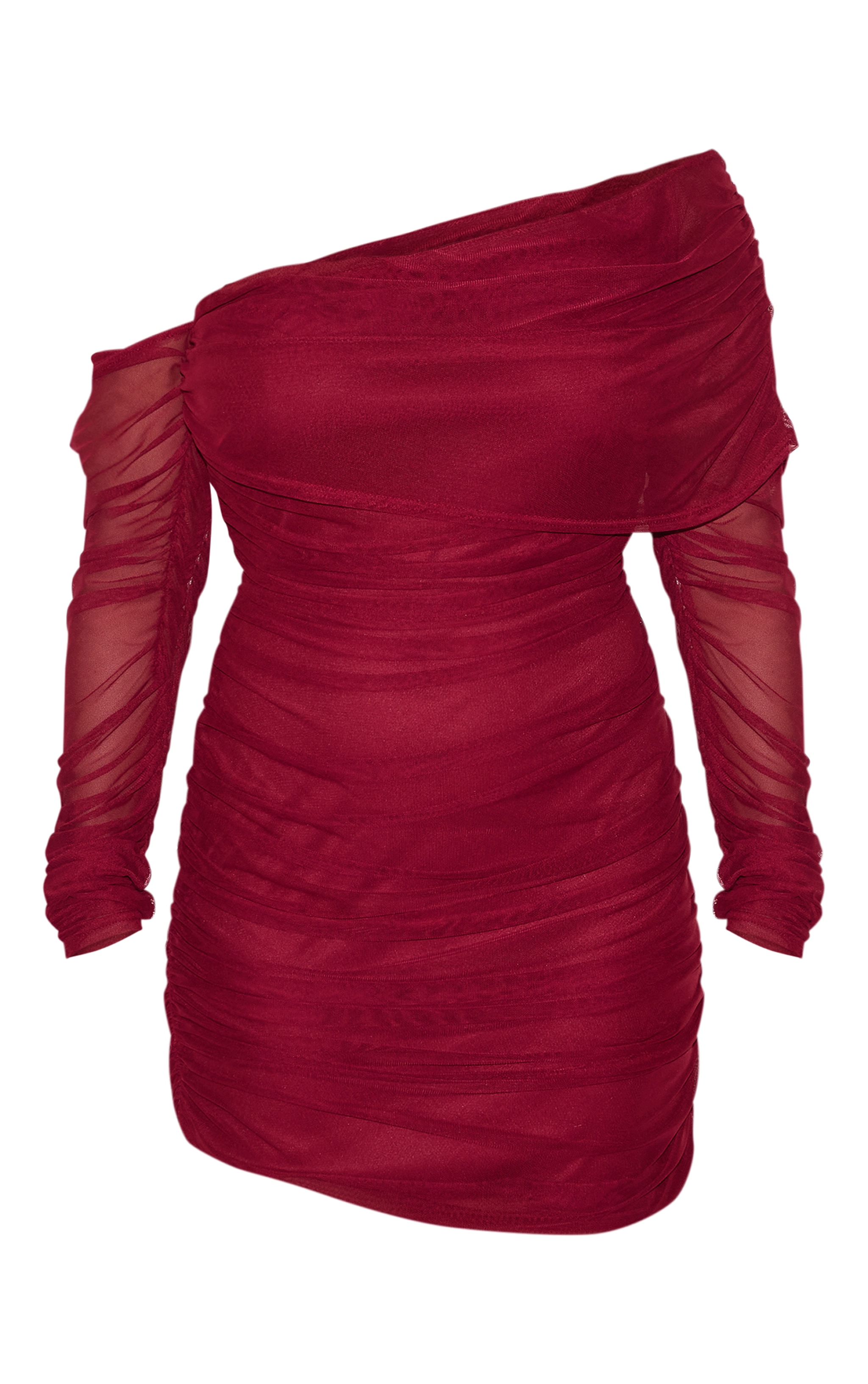 Plus Burgundy Layered Mesh Asymmetric Long Sleeve Mini Dress image 5