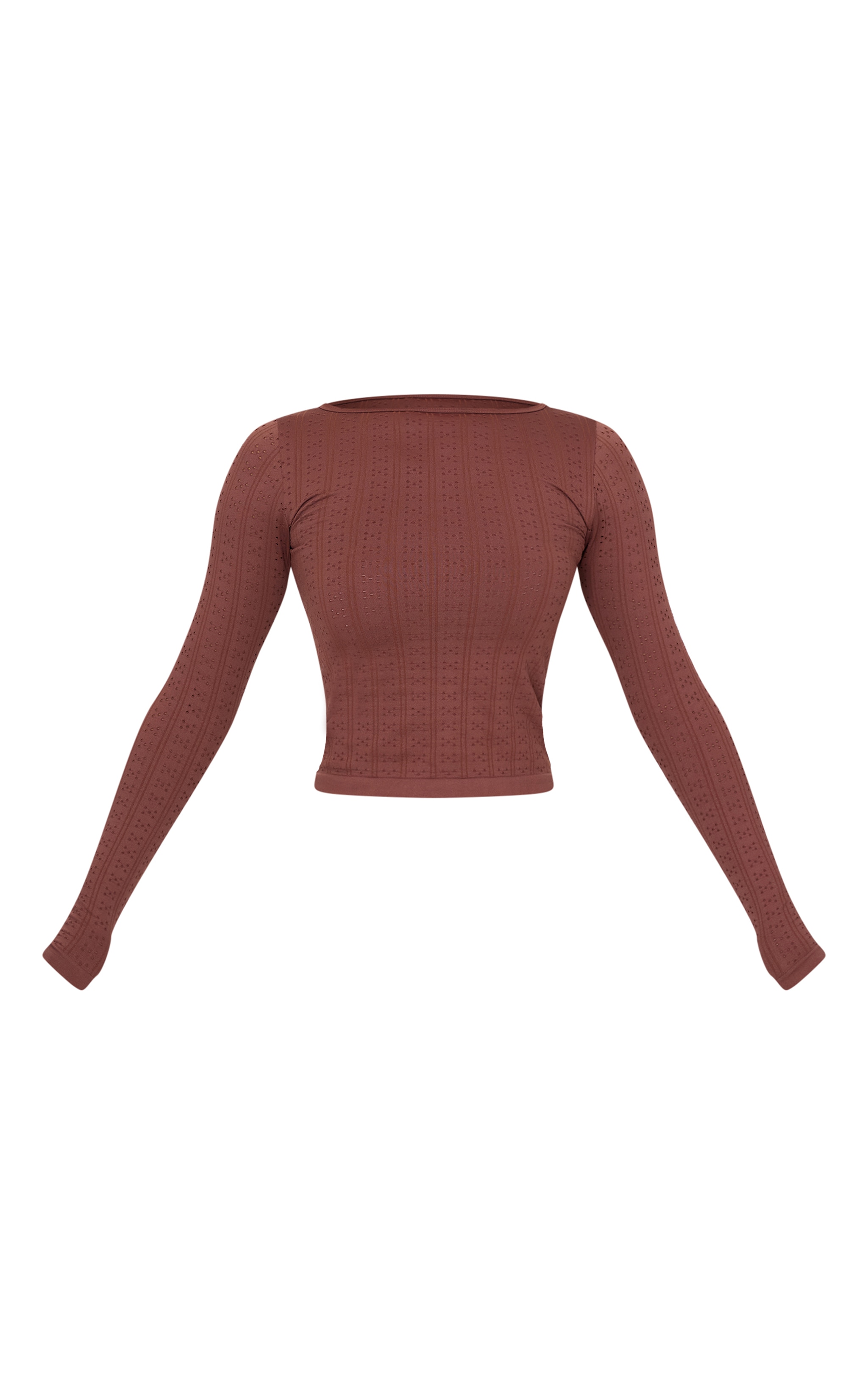 Brown Contour Pointelle Detail Boatneck Long Sleeve Top image 5