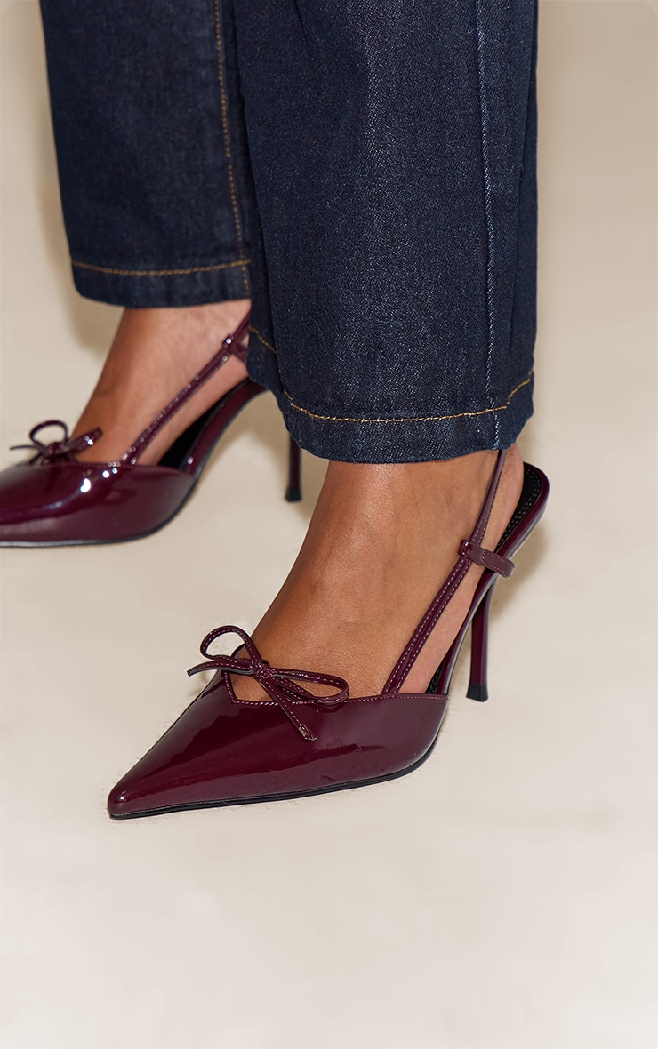 Plum PU Patent Point Toe Bow Detail Mid Heel Courts image 1