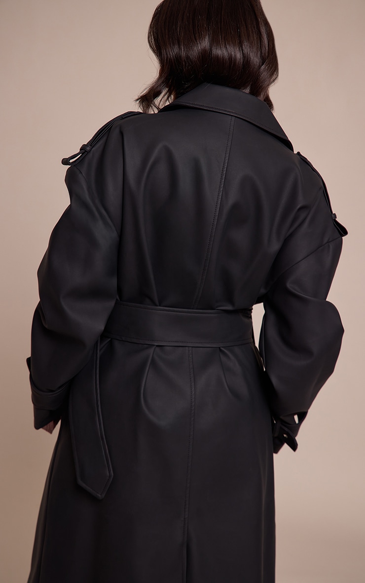 Petite Black Faux Leather Buckle Trench Coat image 2
