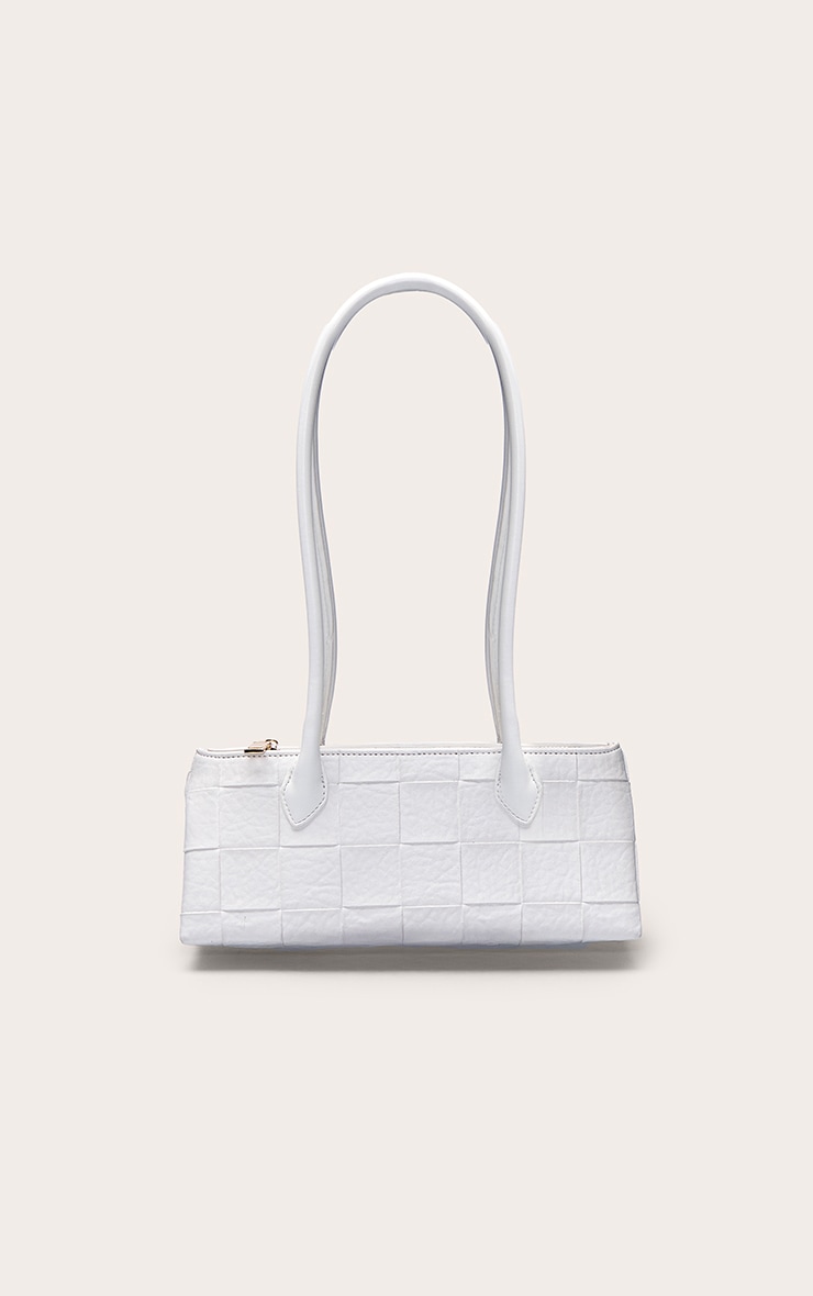 White Weave Elongated Handle Shoulder Bag image 2